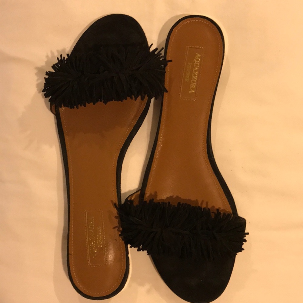 Black suede flat fringe sandals